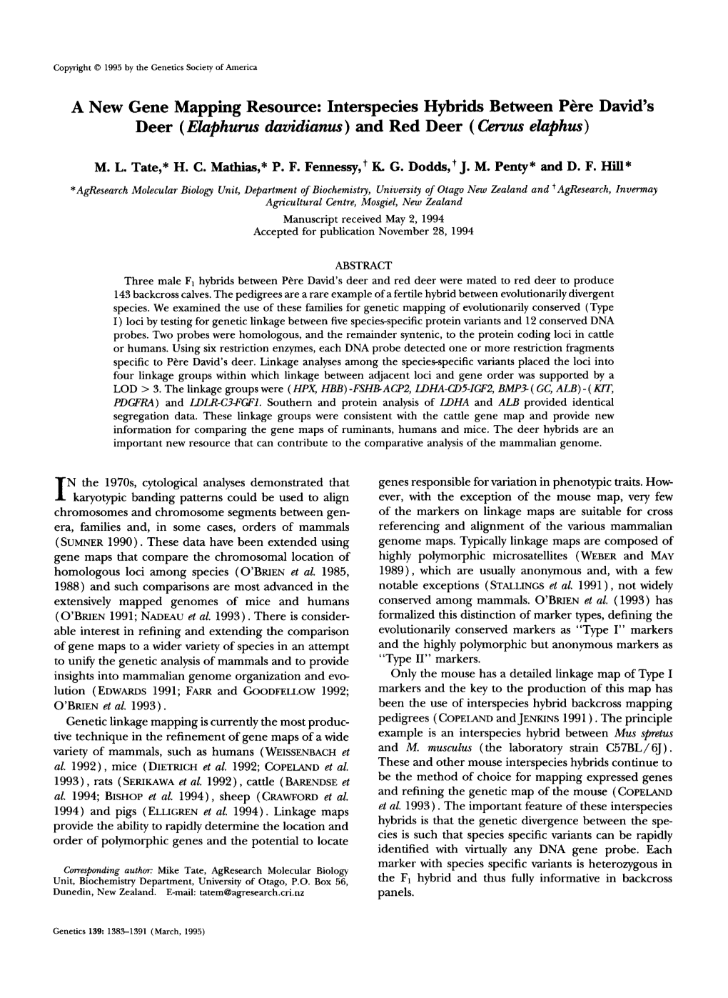 A New Gene Mapping Resource: Interspecies Hybrids Between Pere David’S Deer (Ehphurms Davidianus) and Red Deer (Cewus Ektphus)