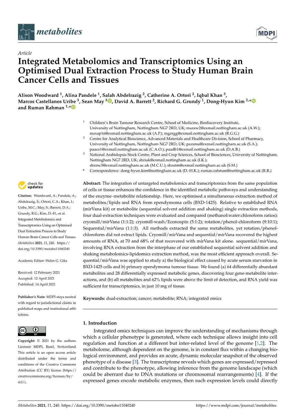 Integrated Metabolomics and Transcriptomics Using an Optimised Dual Extraction Process to Study Human Brain Cancer Cells and Tissues