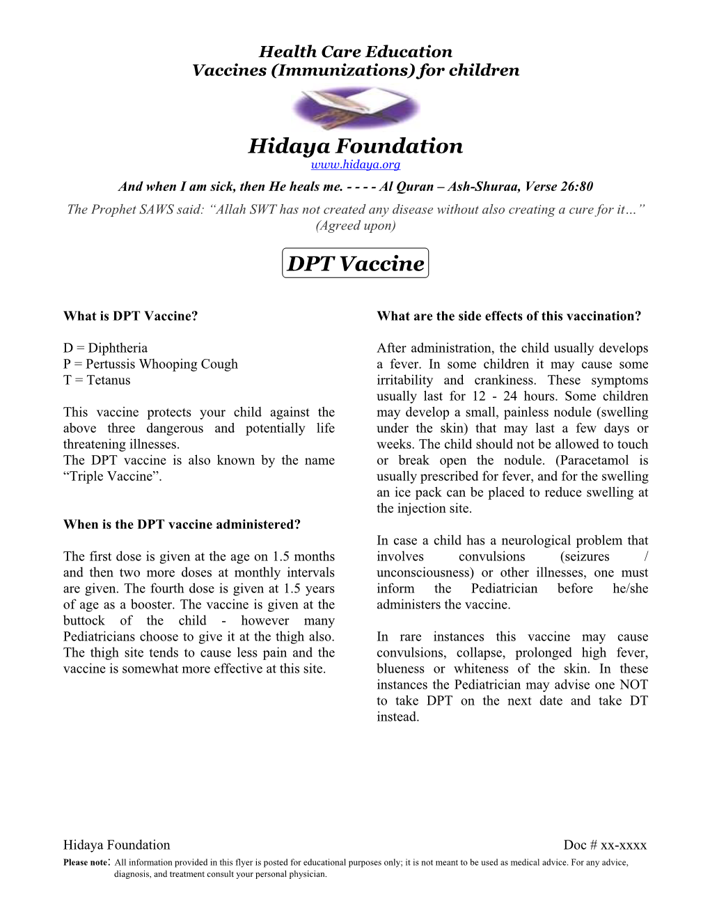 Hidaya Foundation DPT Vaccine