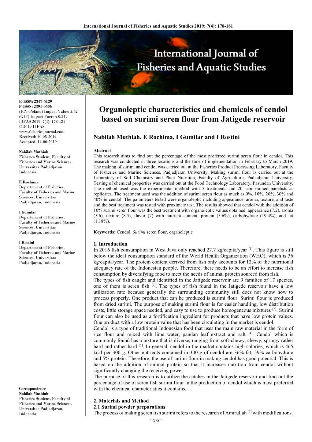 Organoleptic Characteristics and Chemicals of Cendol Based On