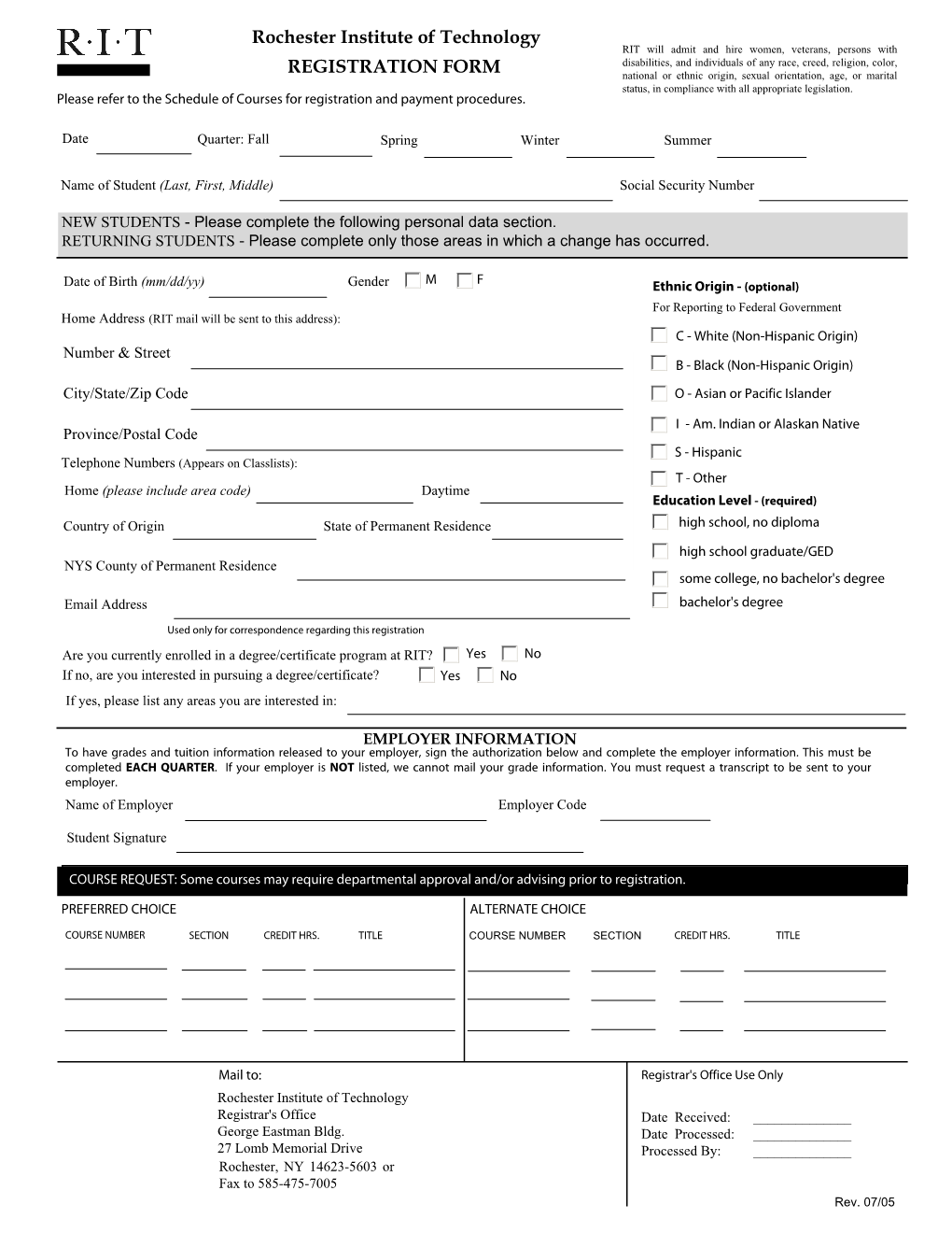 Rochester Institute of Technology REGISTRATION FORM