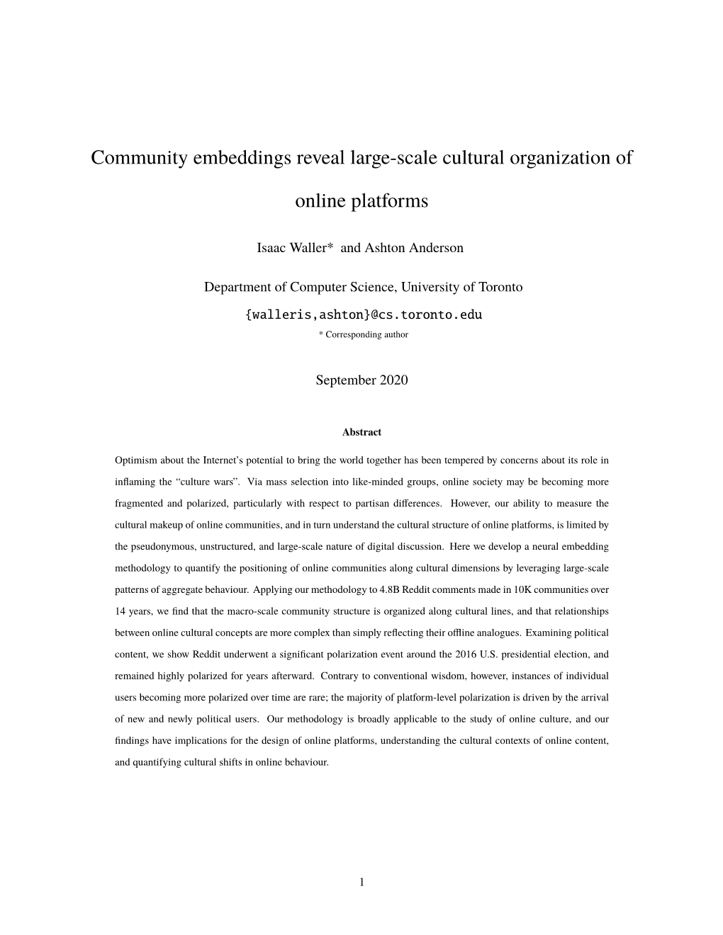 Community Embeddings Reveal Large-Scale Cultural Organization Of