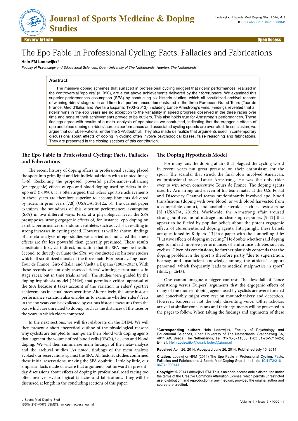 The Epo Fable in Professional Cycling: Facts, Fallacies and Fabrications