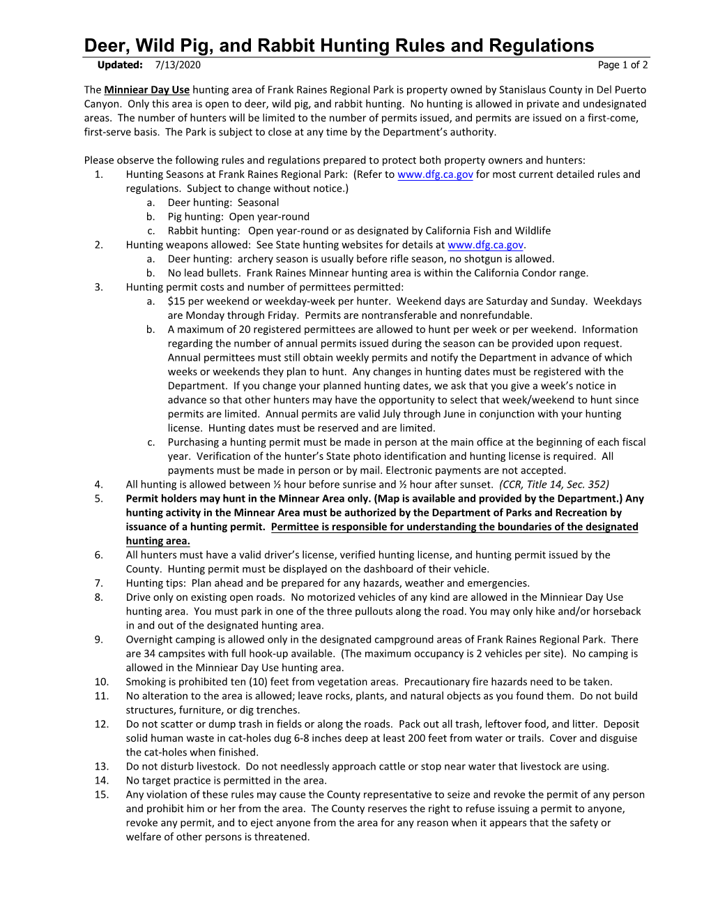 Deer, Wild Pig, and Rabbit Hunting Rules and Regulations Updated: 7/13/2020 Page 1 of 2