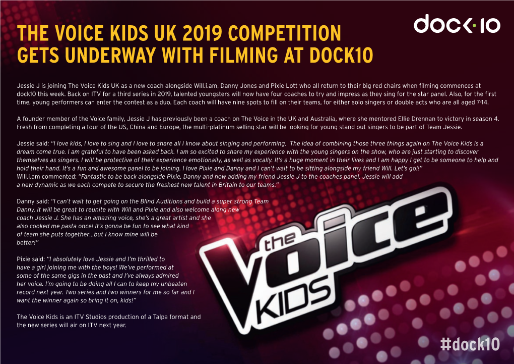 The Voice Kids Uk 2019 Competition Gets Underway with Filming at Dock10