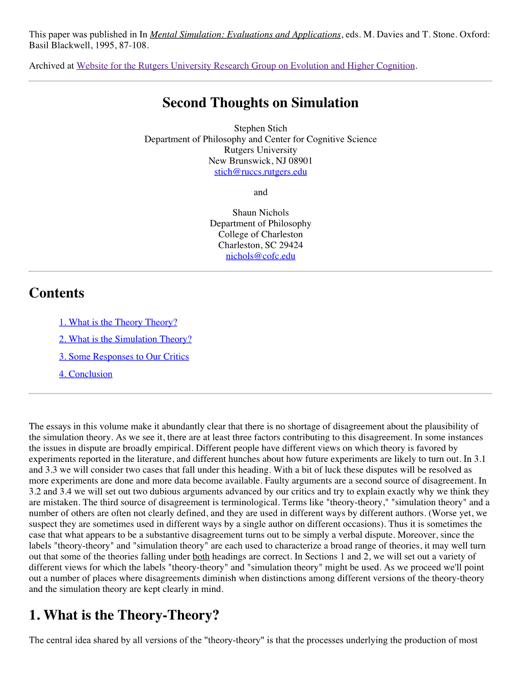 Second Thoughts on Simulation Contents 1. What Is the Theory