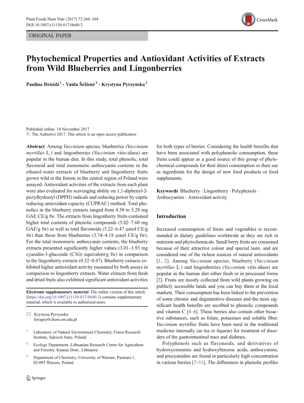 Phytochemical Properties and Antioxidant Activities of Extracts from Wild Blueberries and Lingonberries