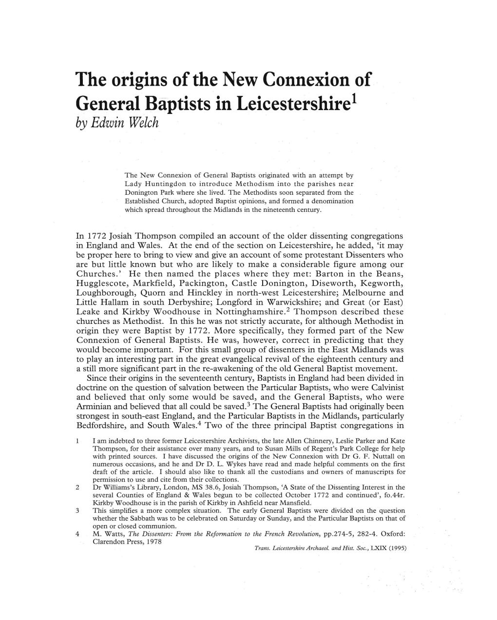 The Origins of the New Connexion of General Baptists in Leicestershire1 by Edwin Welch