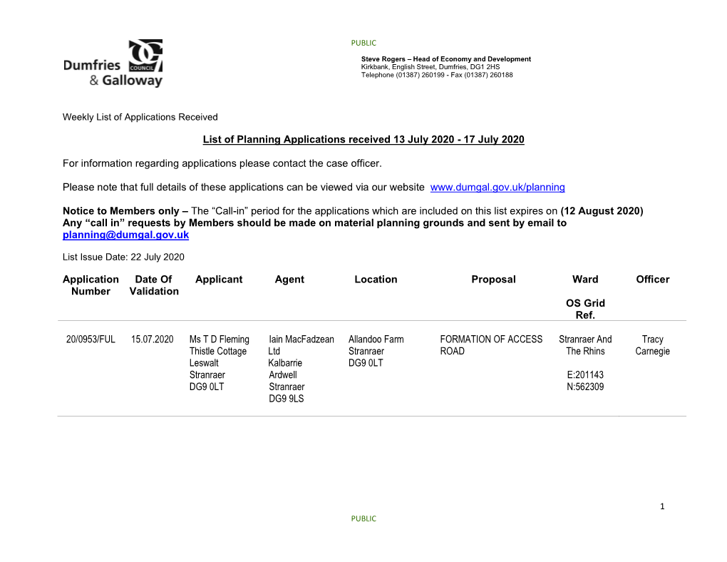 List of Planning Applications Received 13 July 2020 - 17 July 2020