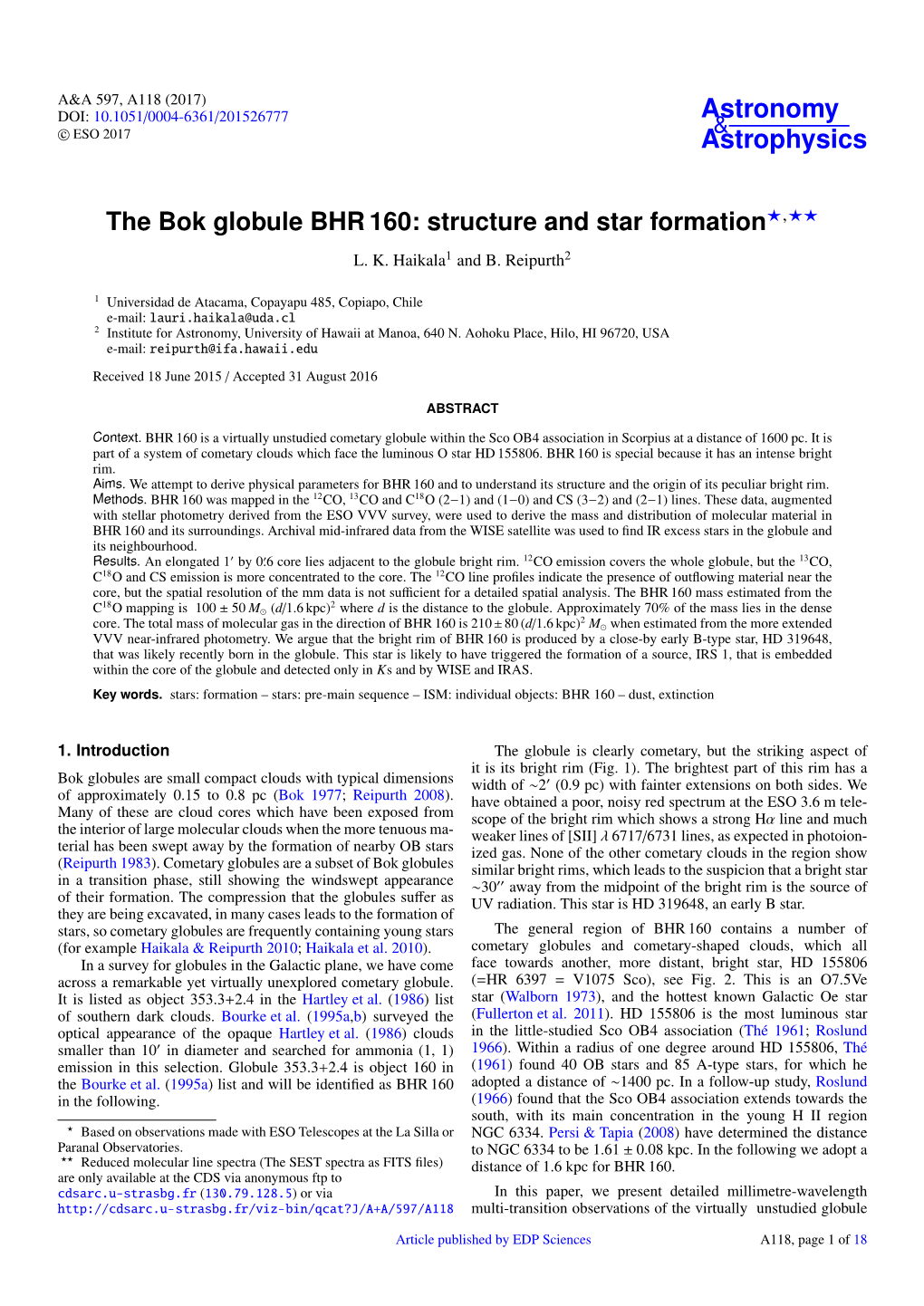 The Bok Globule BHR 160: Structure and Star Formation?,?? L