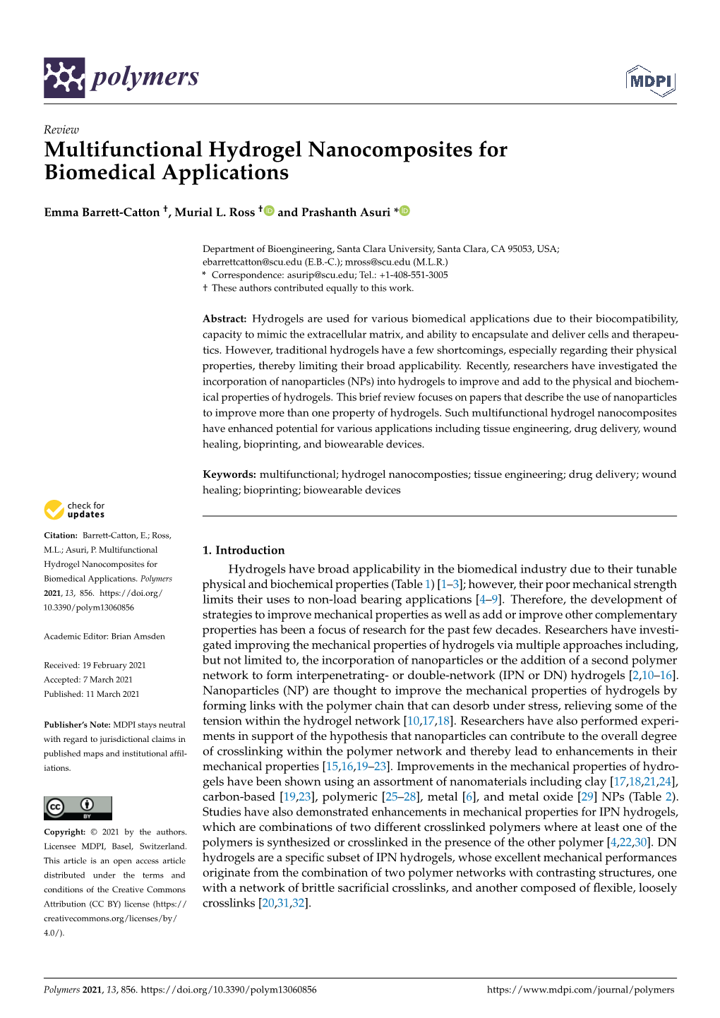 Multifunctional Hydrogel Nanocomposites for Biomedical Applications