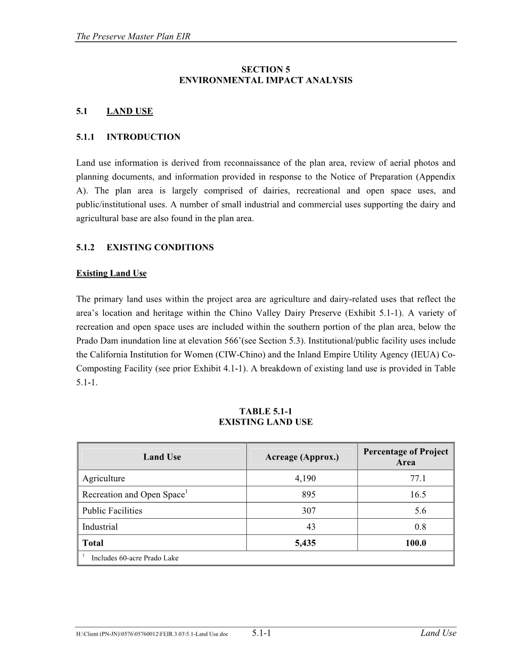 The Preserve Master Plan EIR 5.1-1 Land Use SECTION