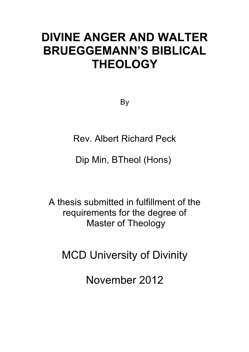 Divine Anger and Walter Brueggemann's Biblical Theology