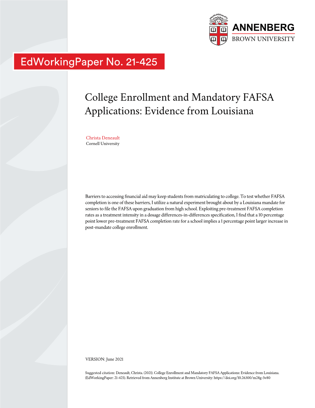 College Enrollment and Mandatory FAFSA Applications: Evidence from Louisiana