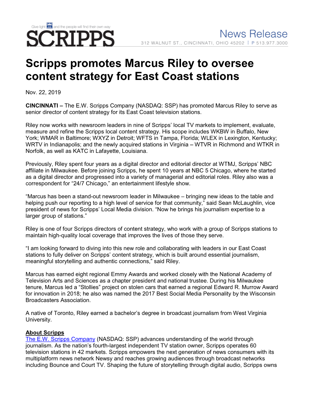 Scripps Promotes Marcus Riley to Oversee Content Strategy for East Coast Stations
