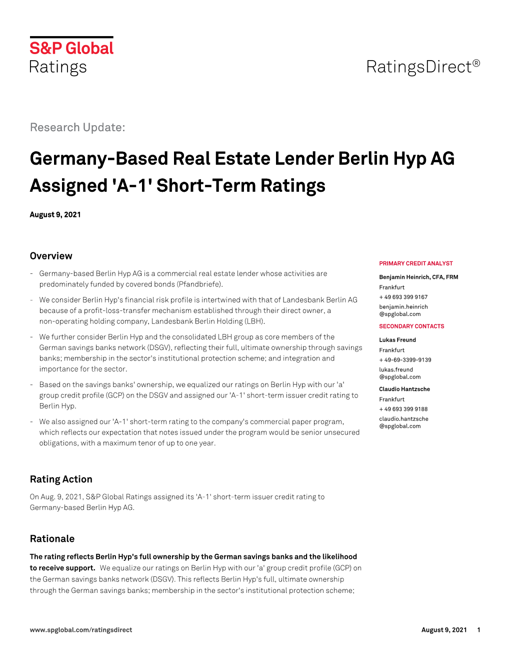 Short-Term Ratings Germany-Based Real Estate Lender Berlin Hyp AG