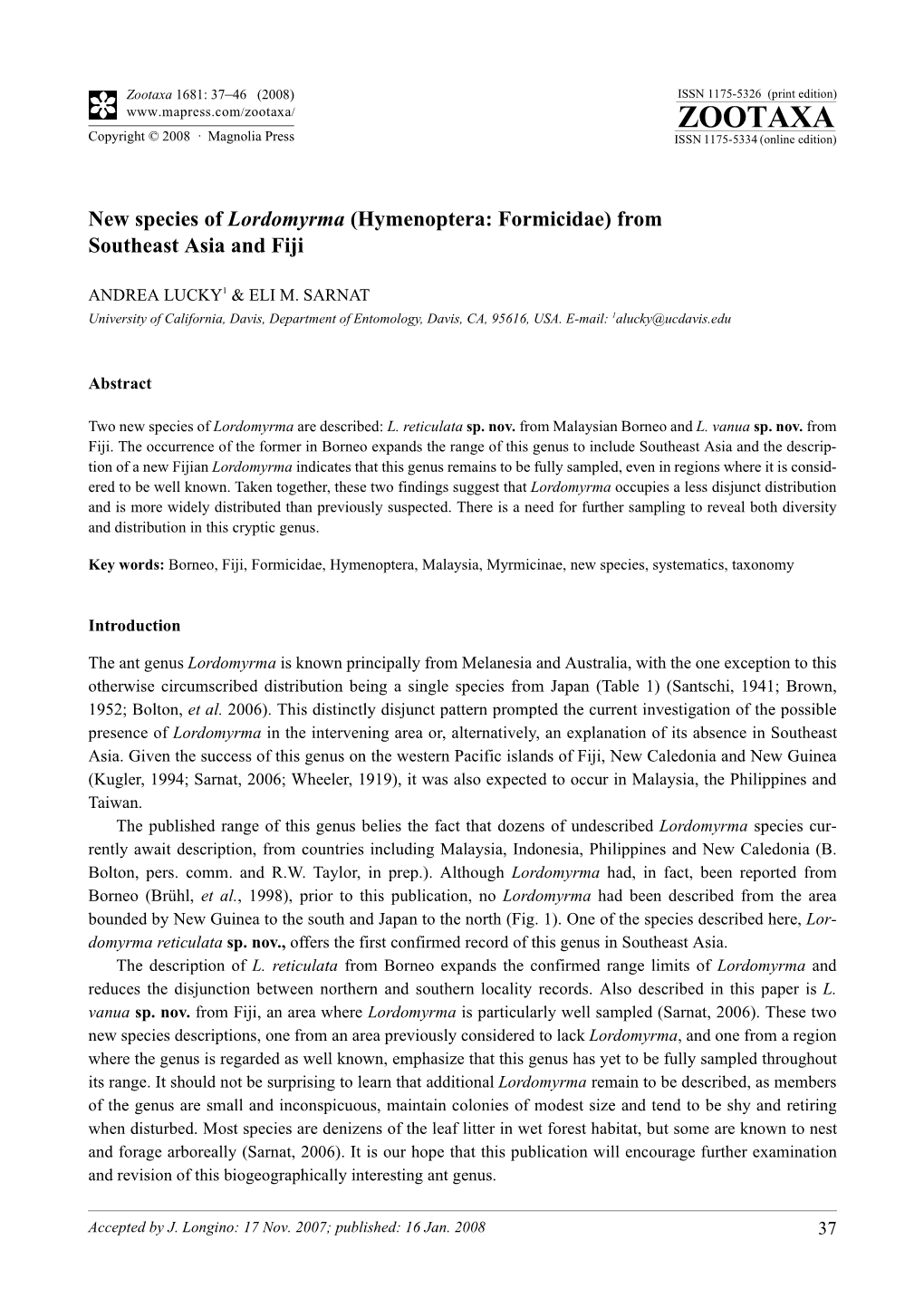 Zootaxa, New Species of Lordomyrma (Hymenoptera: Formicidae) from SE