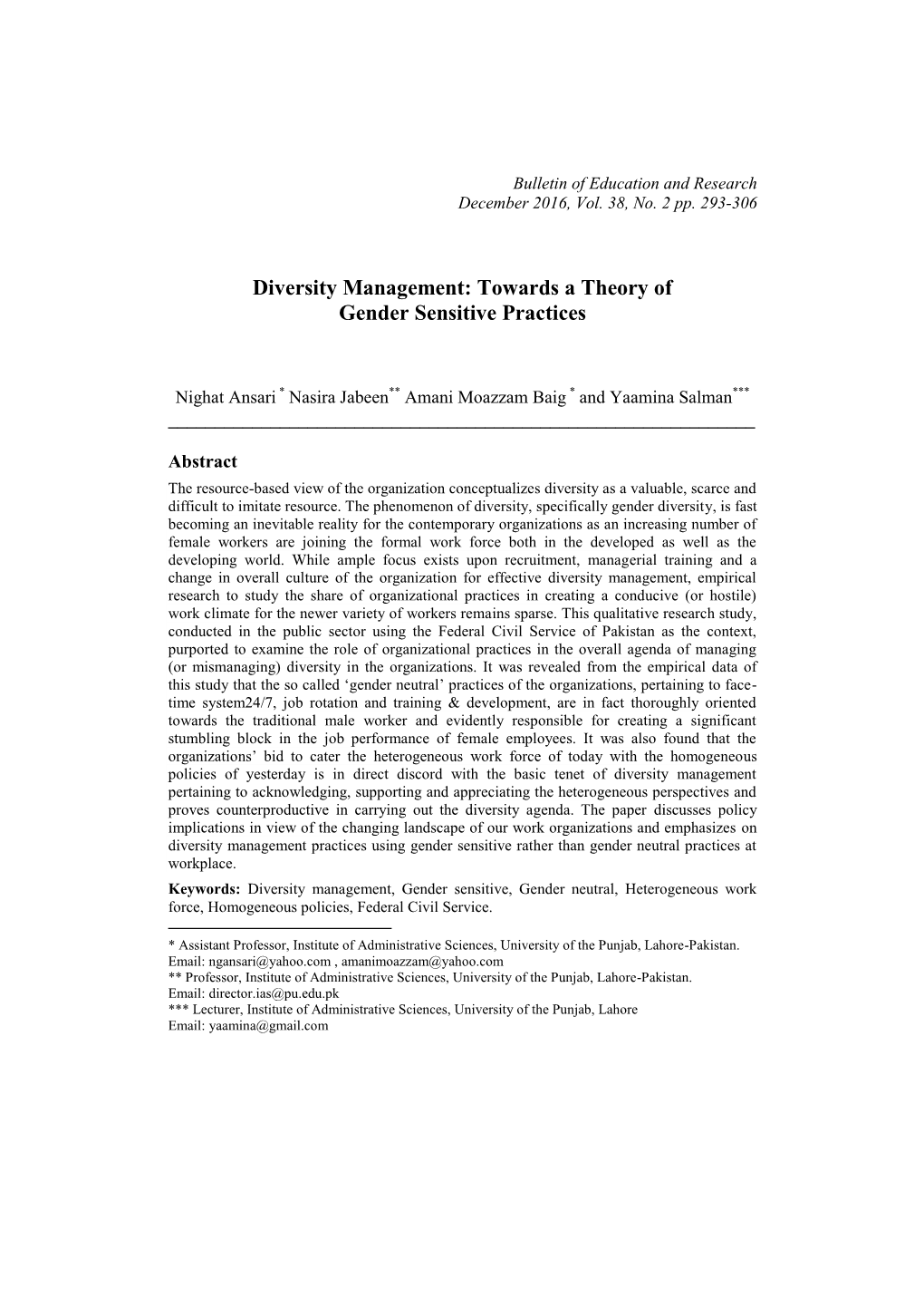 Diversity Management: Towards a Theory of Gender Sensitive Practices