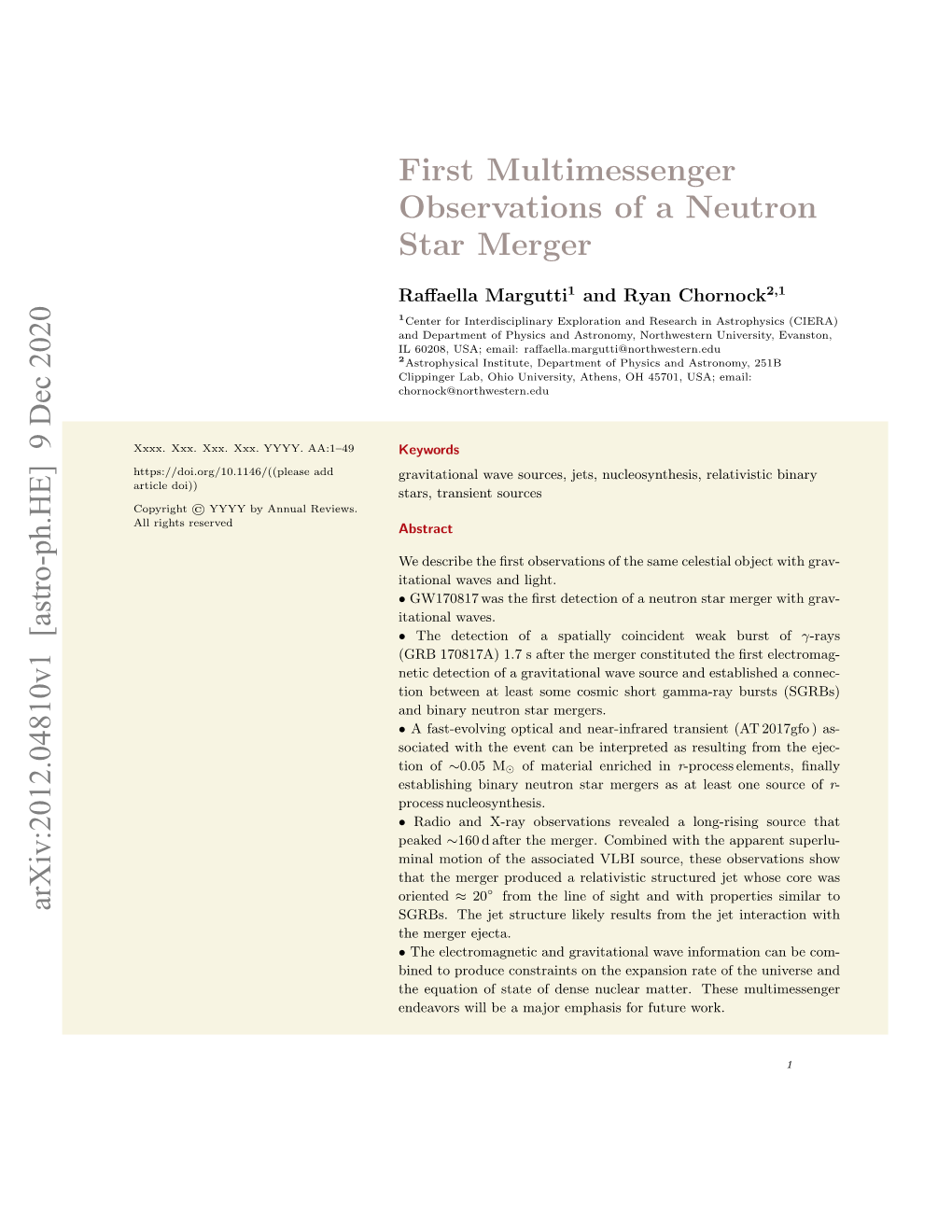 First Multimessenger Observations of a Neutron Star Merger Arxiv