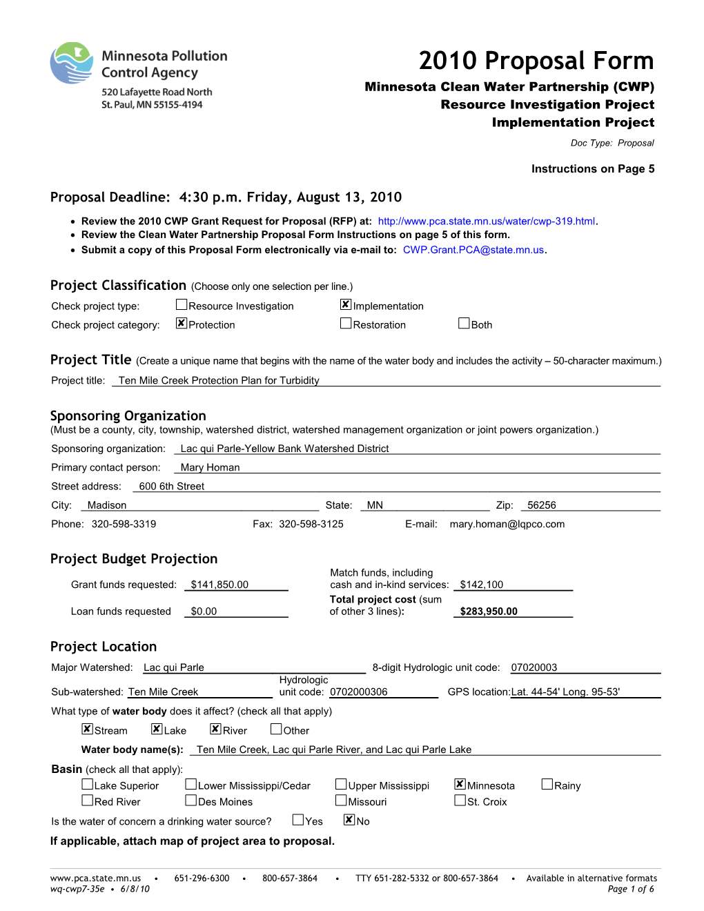 Proposal Form - Minnesota Clean Water Partnership (CWP) Resource Investigation Project Form