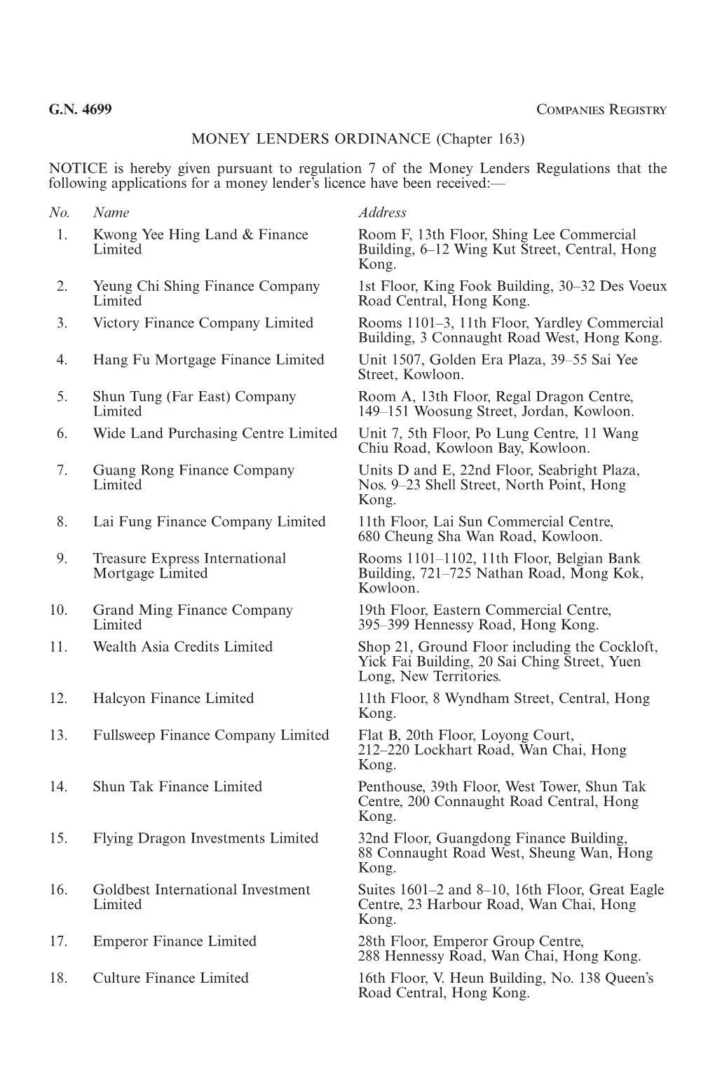 G.N. 4699 Companies Registry MONEY LENDERS ORDINANCE