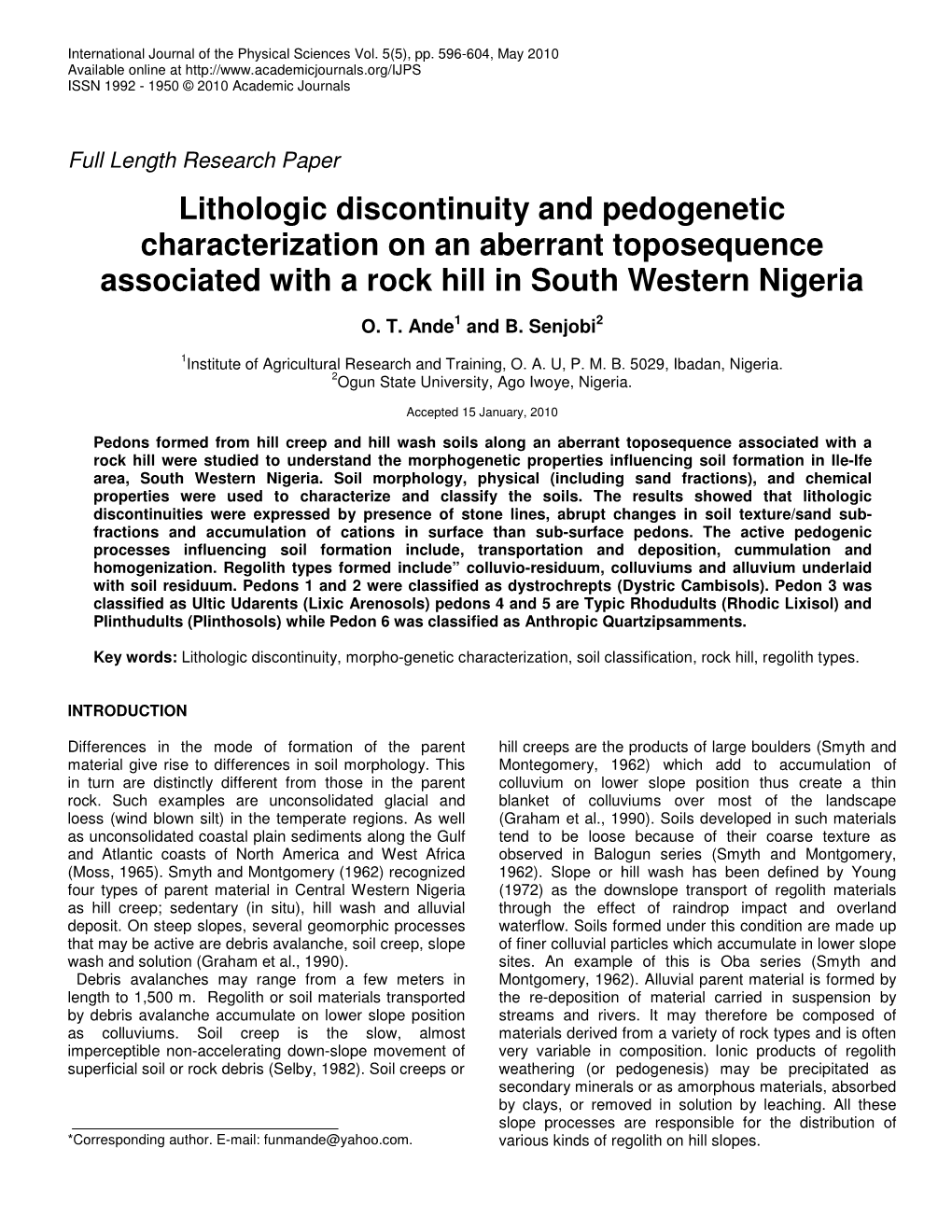 Lithologic Discontinuity and Pedogenetic Characterization on an Aberrant Toposequence Associated with a Rock Hill in South Western Nigeria