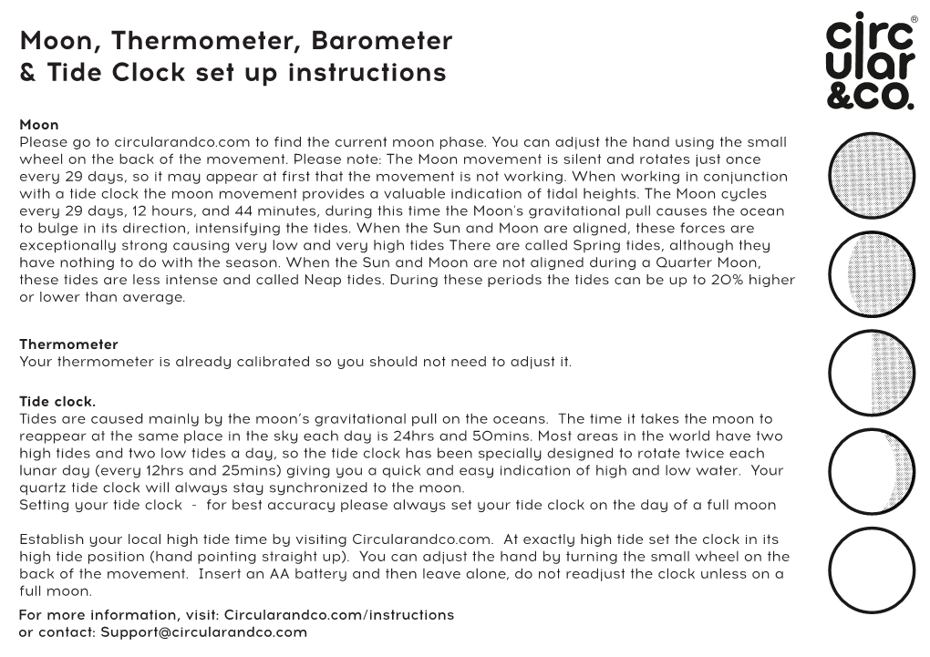 Moon, Thermometer, Barometer & Tide Clock Set up Instructions