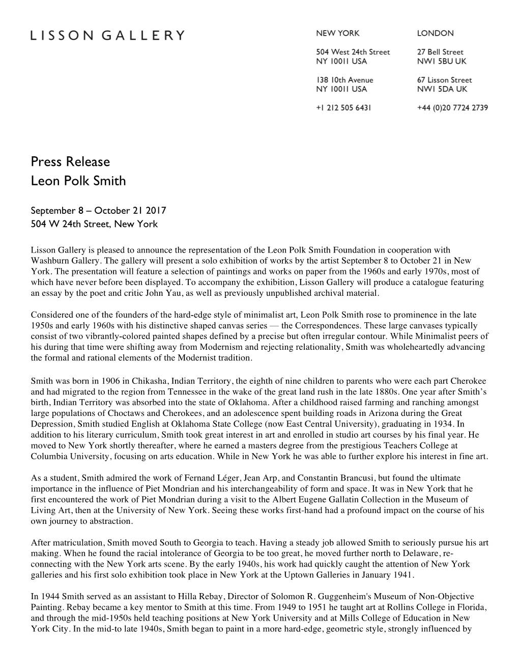 Press Release Leon Polk Smith