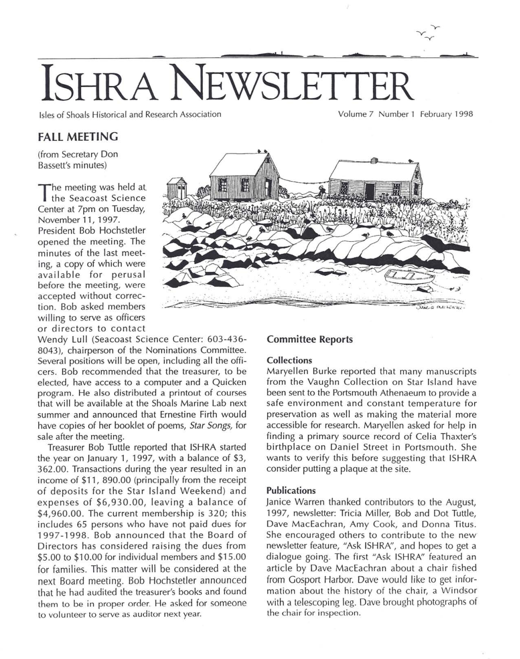 ISHRA NEWSLETIER Islesof Shoals Historical and Researchassociation Volume 7 Number 1 February 1998