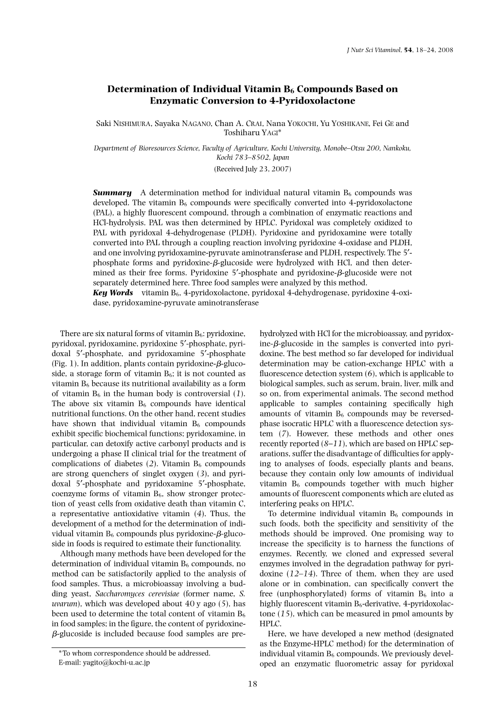 Determination of Individual Vitamin B6 Compounds Based on Enzymatic Conversion to 4-Pyridoxolactone