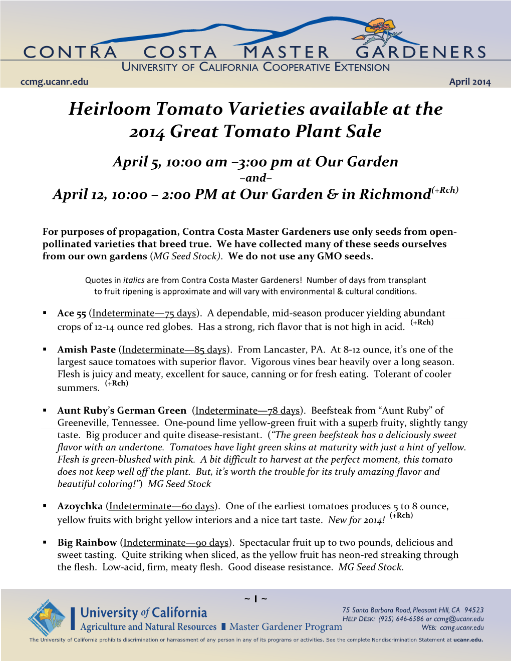Heirloom Tomato Varieties Available at the 2014 Great Tomato Plant Sale