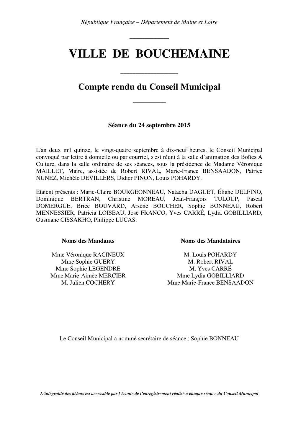 Ville De Bouchemaine Conseil Municipal Du 24 Septembre 2015