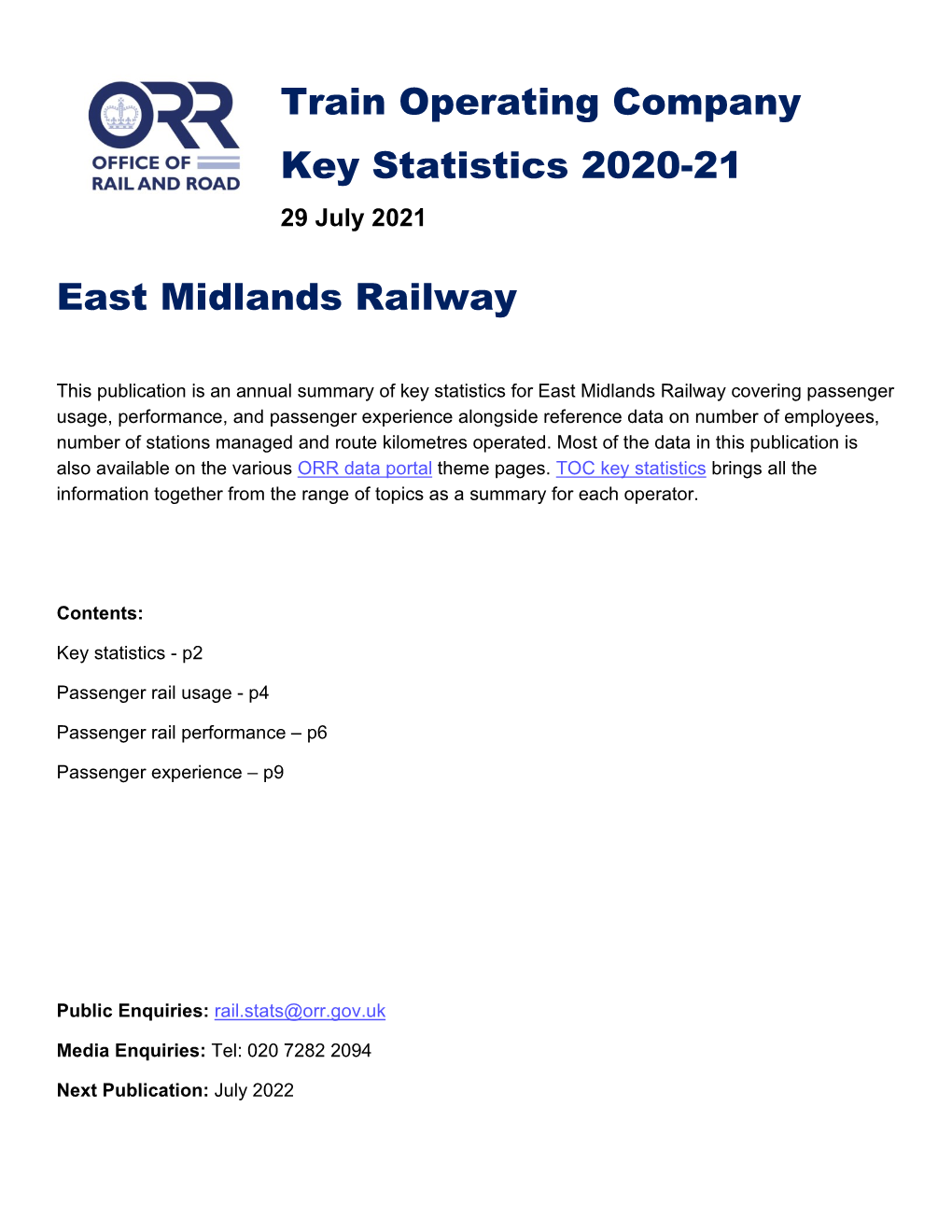 East Midlands Railway Key Statistics 2020-21