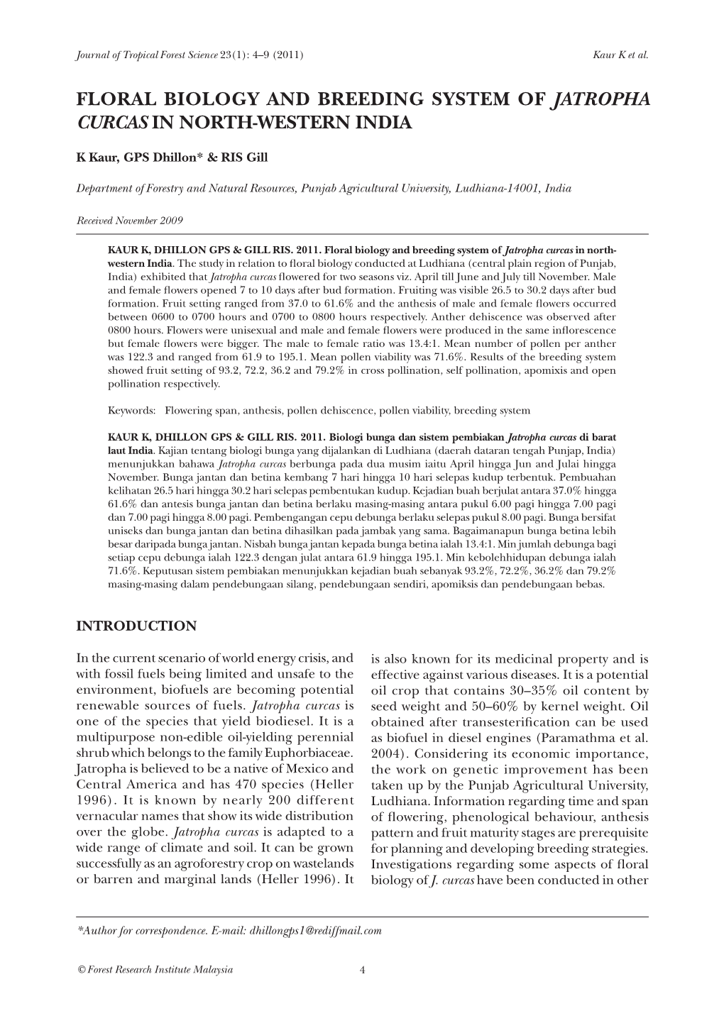 Floral Biology and Breeding System of Jatropha Curcas in North-Western India