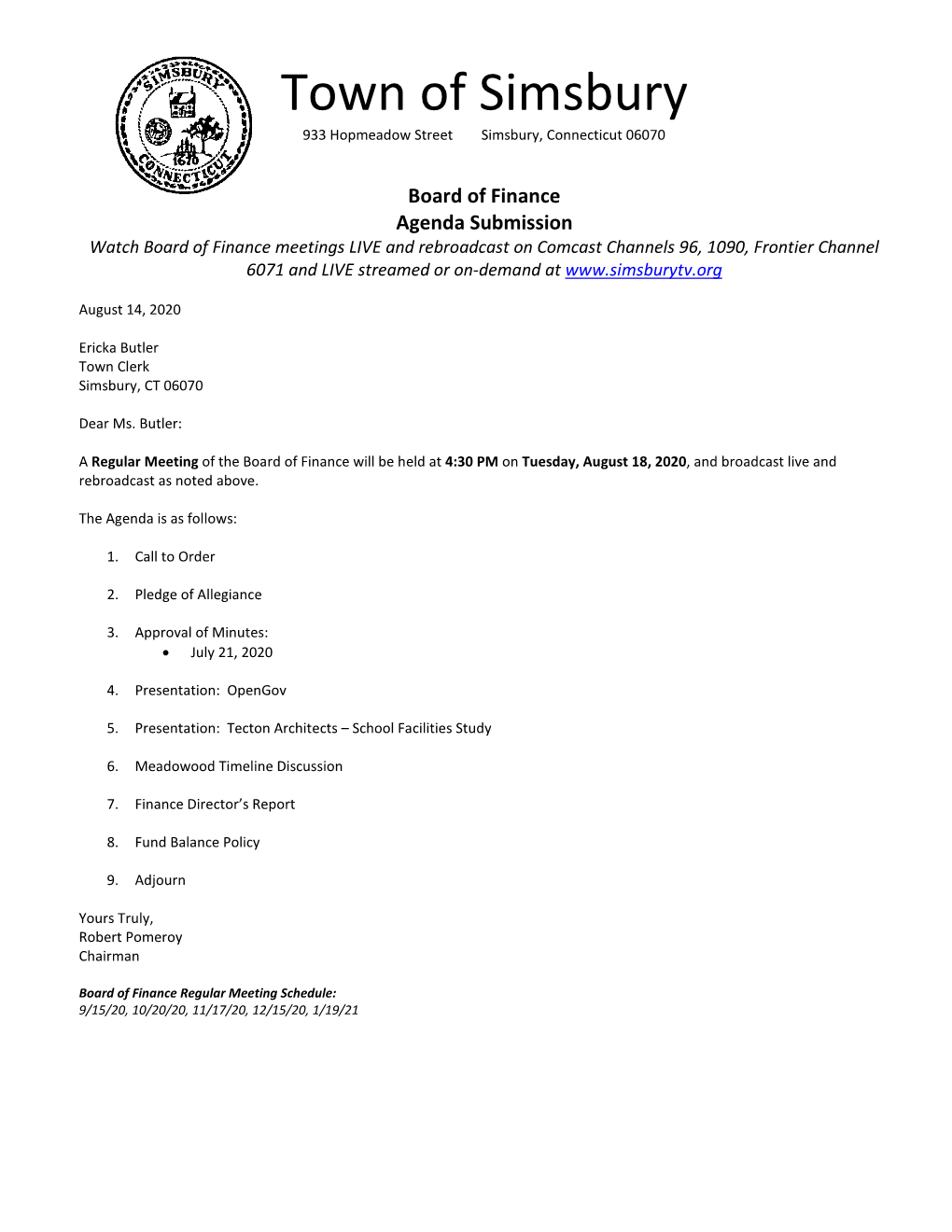 8/18/20 Board of Finance Regular Meeting