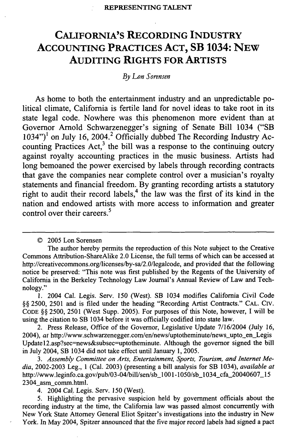 CALIFORNIA's RECORDING INDUSTRY ACCOUNTING PRACTICES ACT, SB 1034: NEW AUDITING RIGHTS for ARTISTS by Lon Sorensen