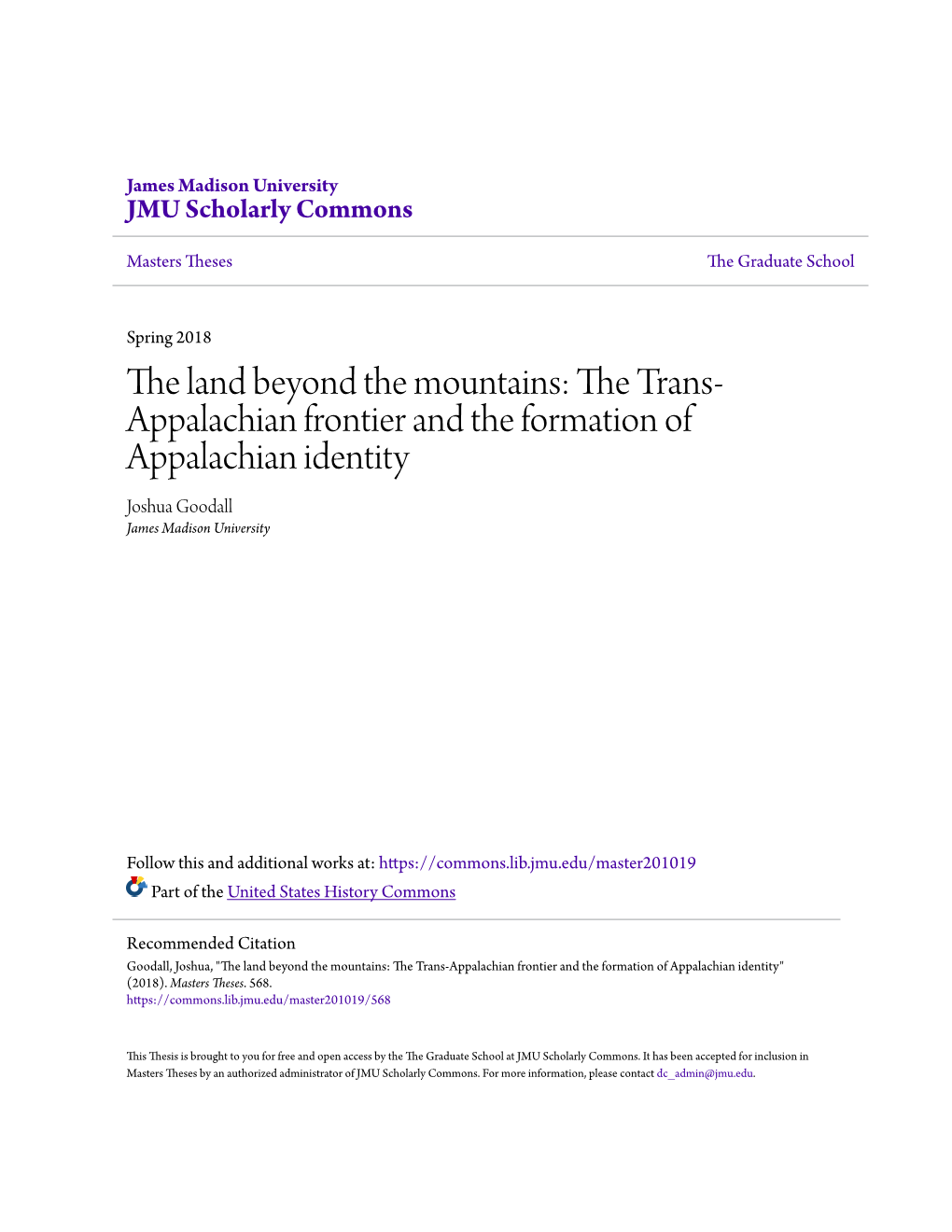 The Land Beyond the Mountains: the Trans-Appalachian Frontier and the Formation Of