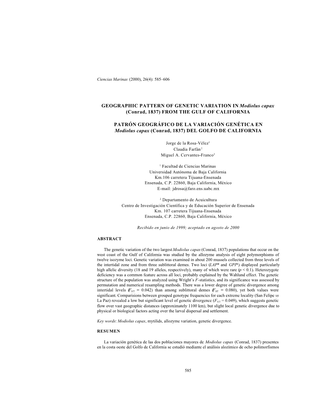 GEOGRAPHIC PATTERN of GENETIC VARIATION in Modiolus Capax (Conrad, 1837) from the GULF of CALIFORNIA