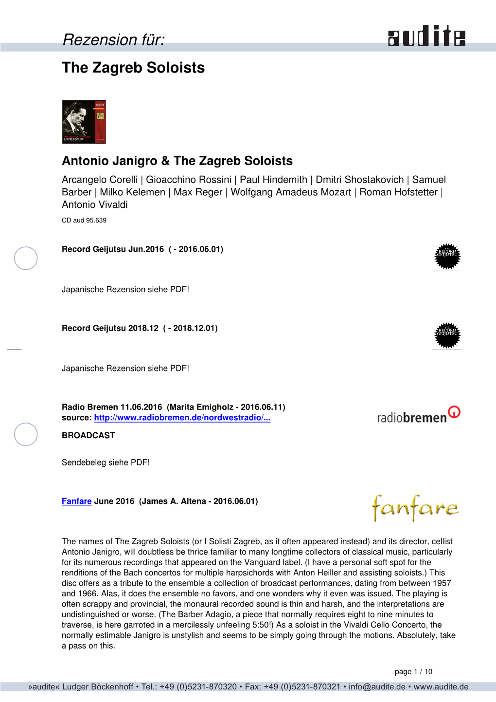 Rezension Für: the Zagreb Soloists