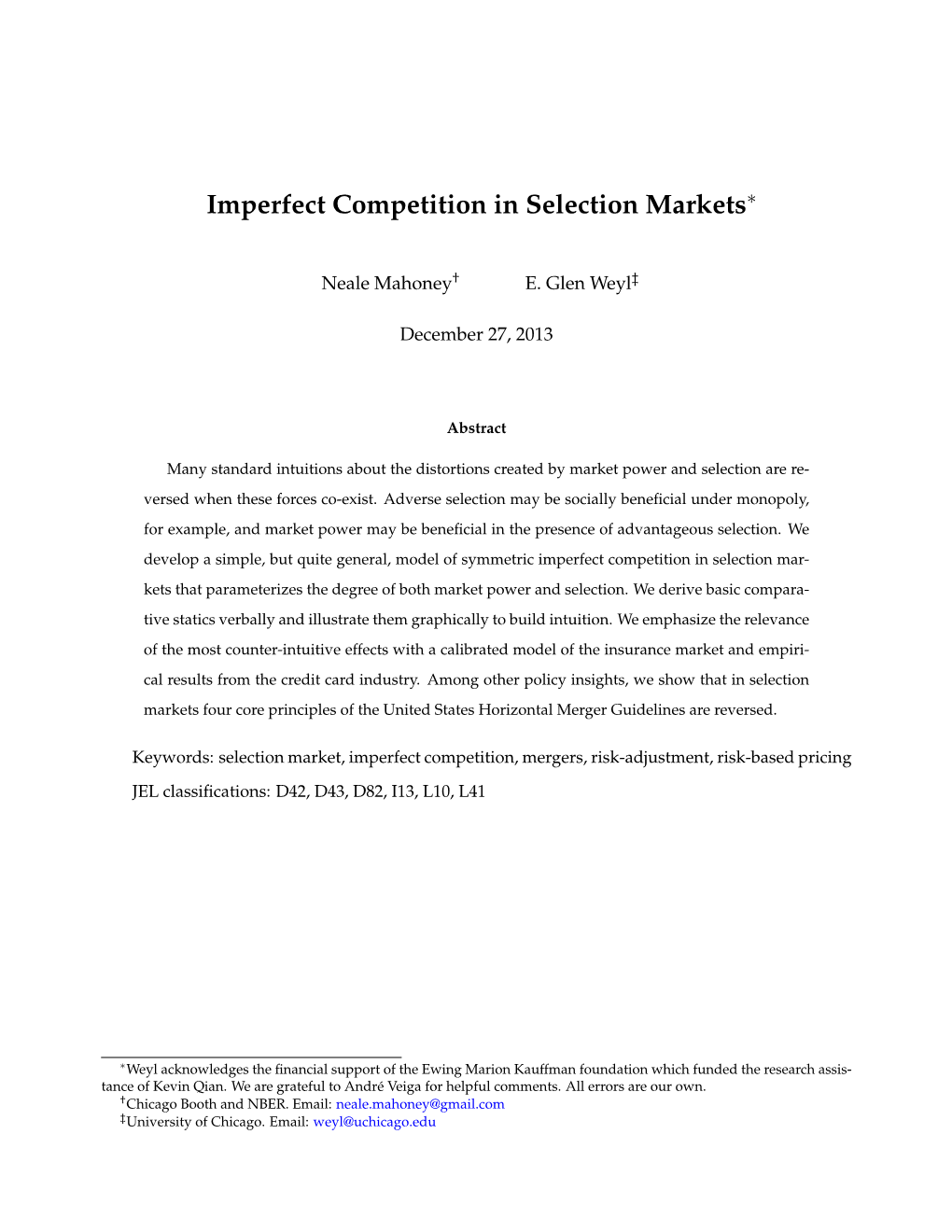 Imperfect Competition in Selection Markets∗