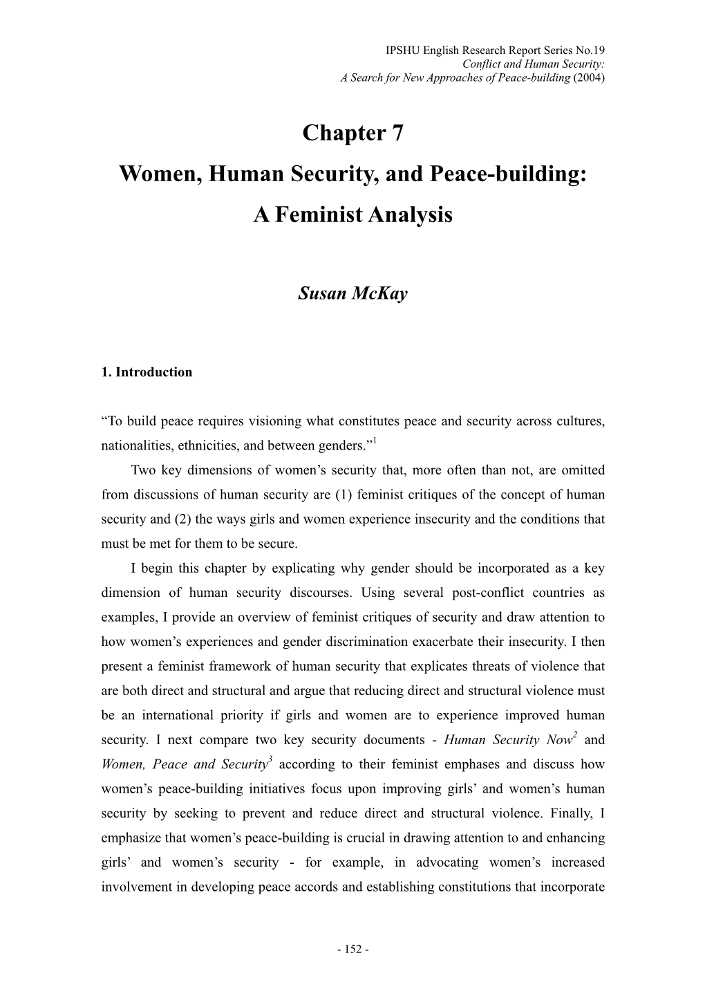 Chapter 7 Women, Human Security, and Peace-Building: a Feminist Analysis