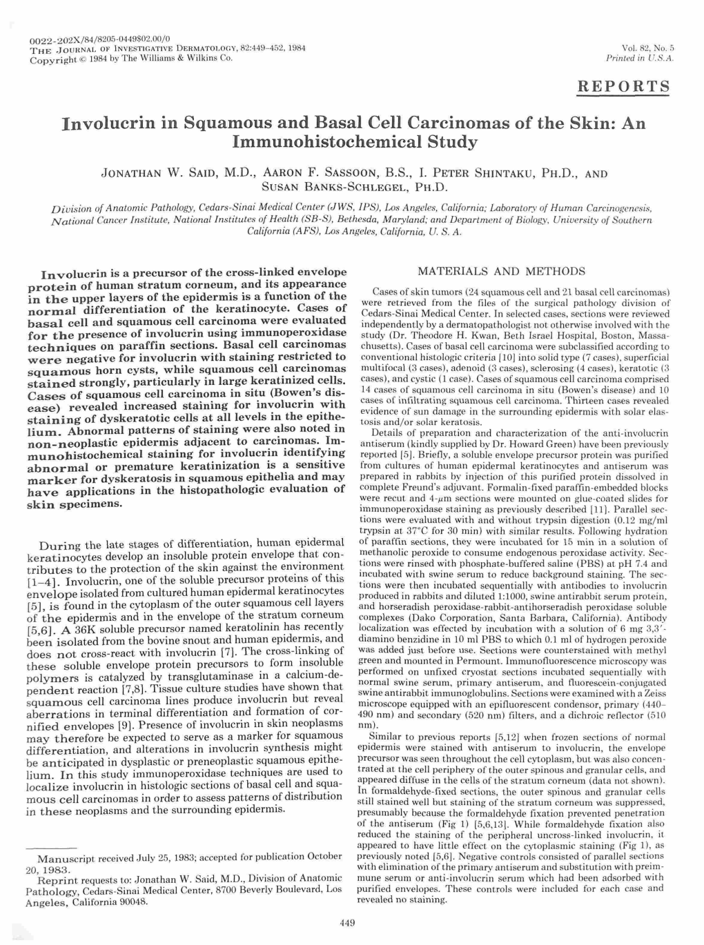 Involucrin in Squamous and Basal Cell Carcinomas of the Skin: an Immunohistochemical Study