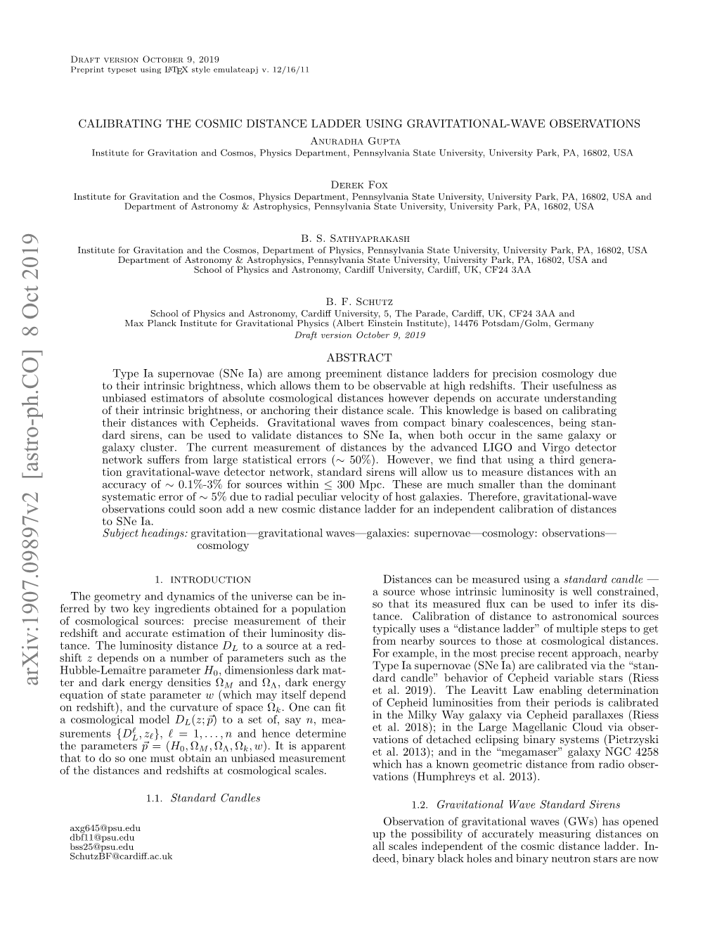 Arxiv:1907.09897V2 [Astro-Ph.CO] 8 Oct 2019 Ter and Dark Energy Densities ΩM and ΩΛ, Dark Energy Equation of State Parameter W (Which May Itself Depend Et Al