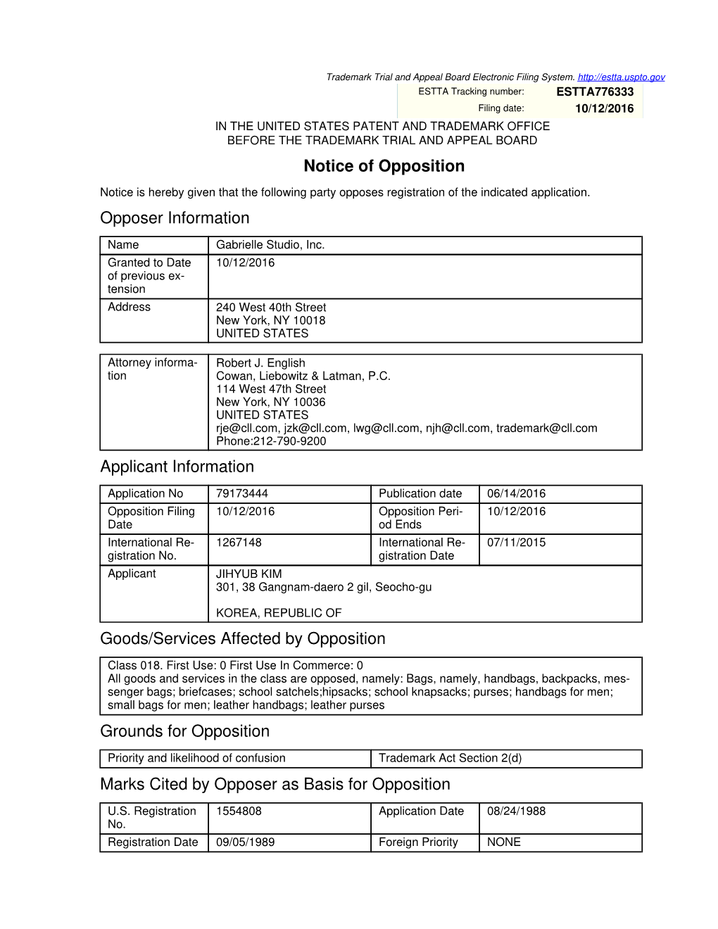 Notice of Opposition Opposer Information Applicant