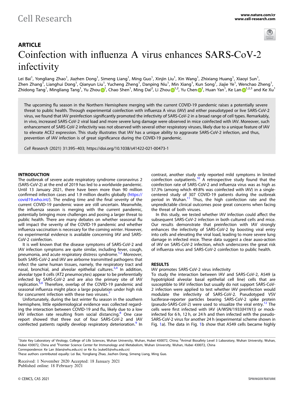 Coinfection with Influenza a Virus Enhances SARS-Cov-2 Infectivity