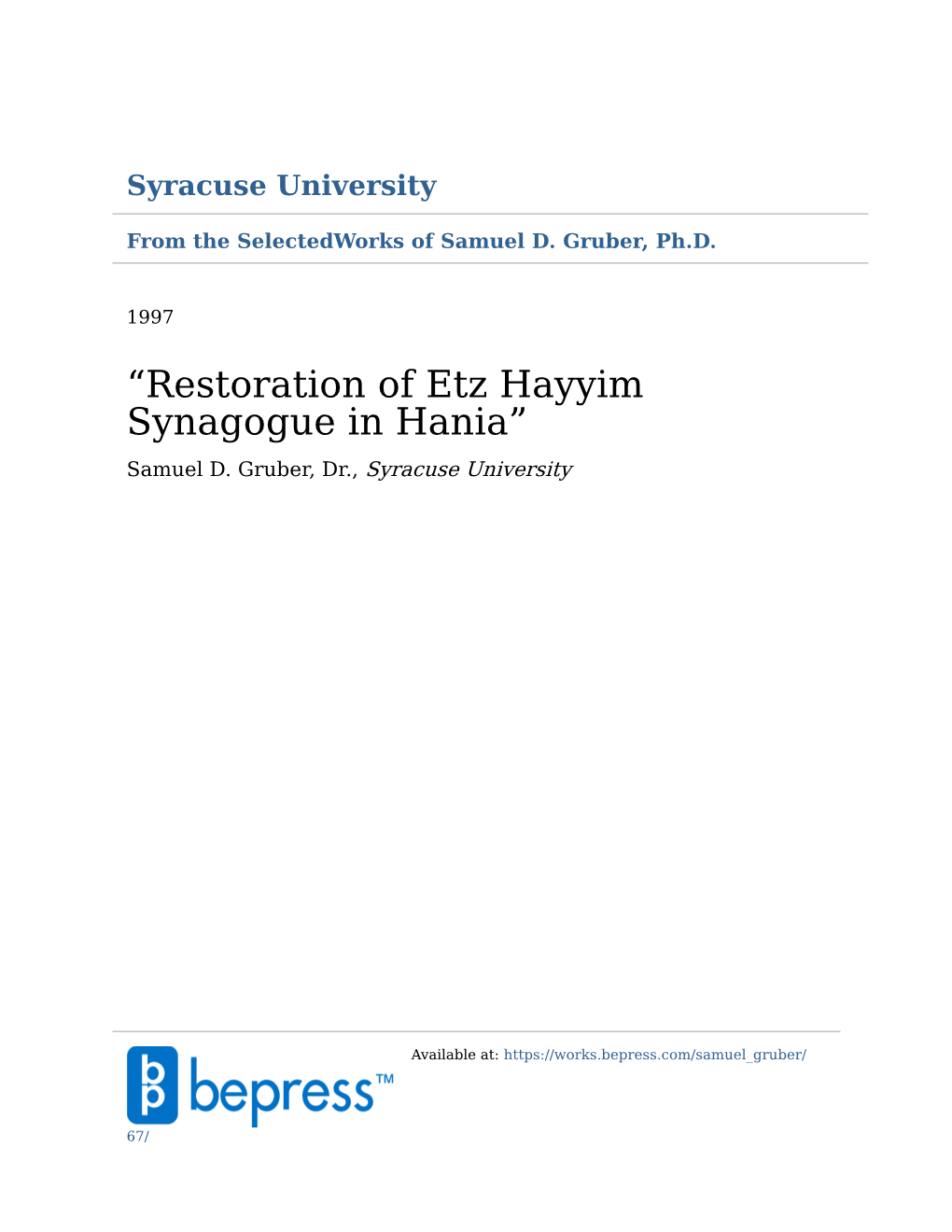 “Restoration of Etz Hayyim Synagogue in Hania” Samuel D