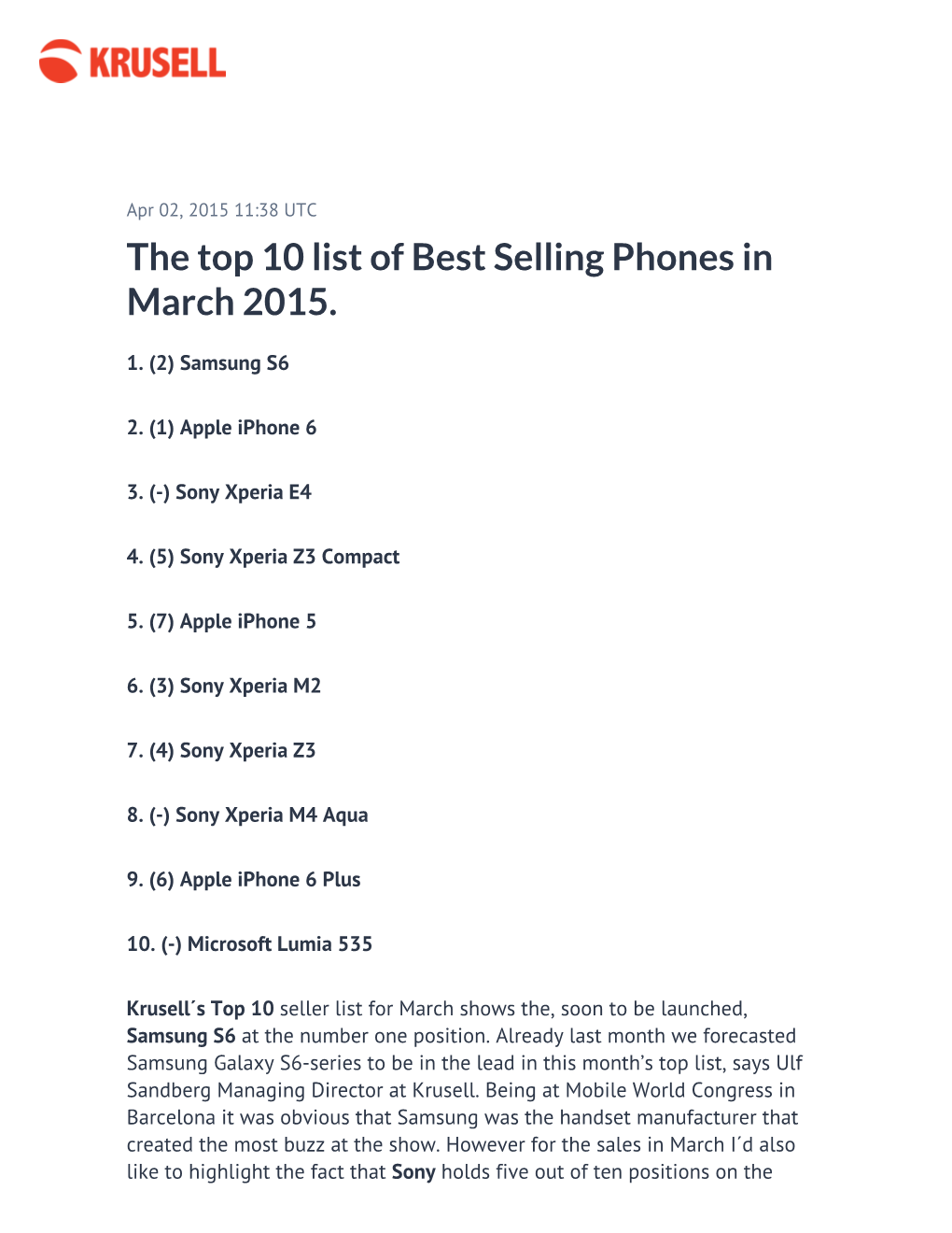 The Top 10 List of Best Selling Phones in March 2015