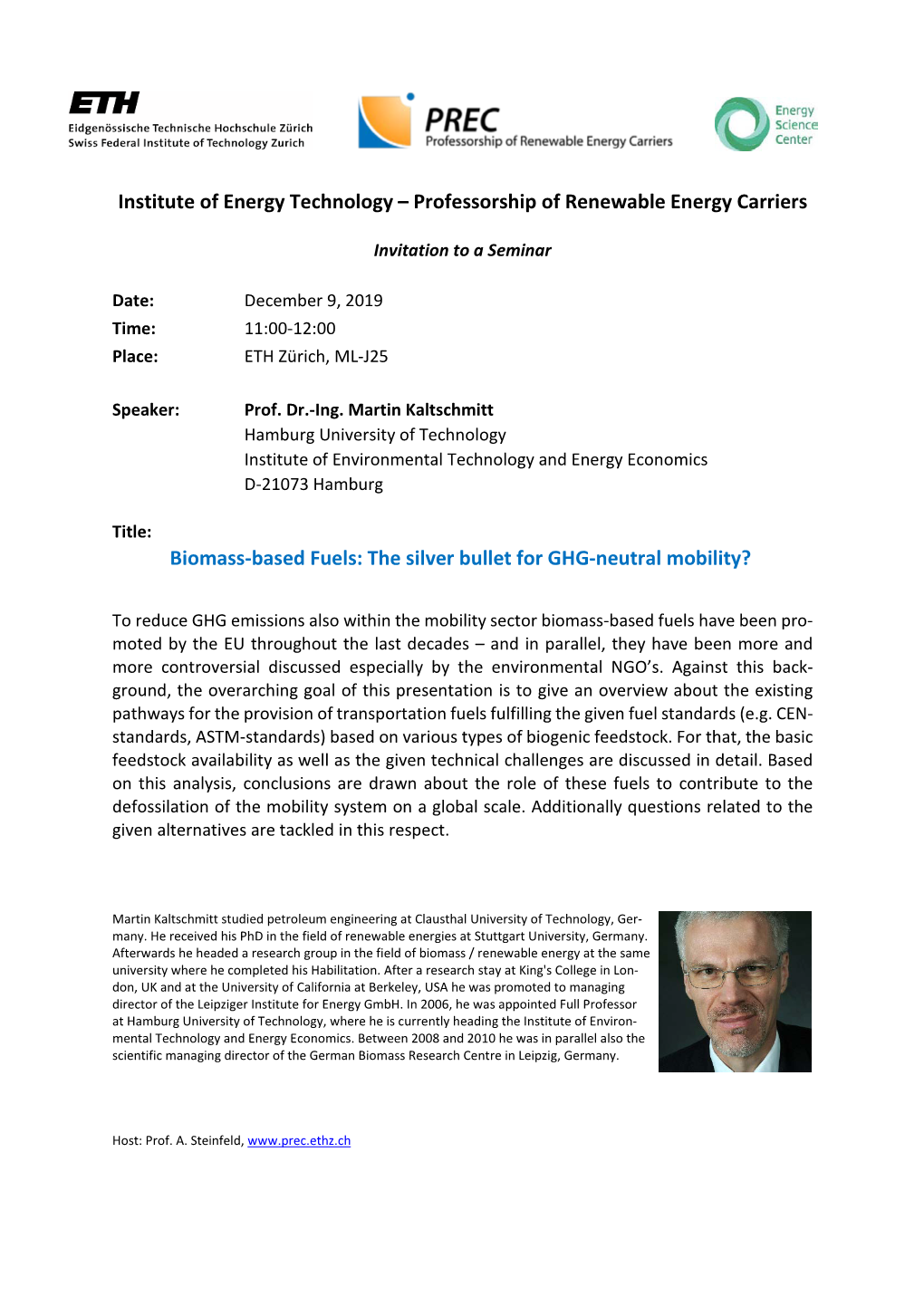 Professorship of Renewable Energy Carriers Biomass