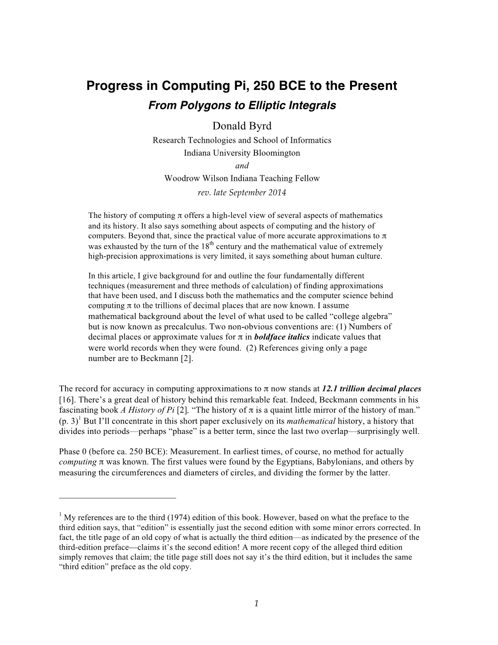 Progress in Computing Pi, 250 BCE to the Present