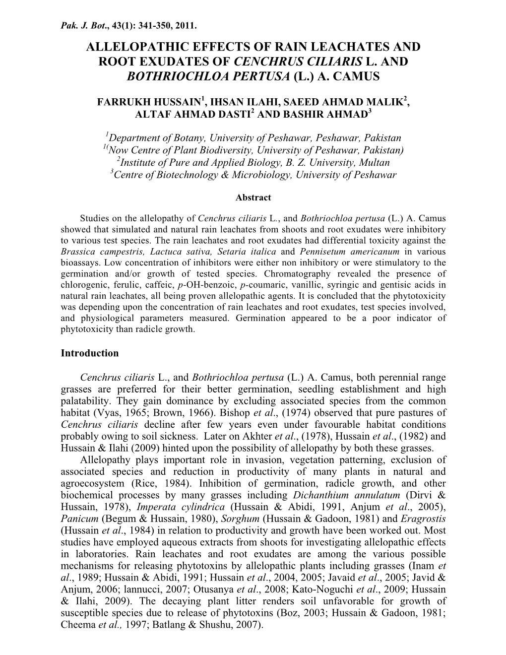 Allelopathic Effects of Rain Leachates and Root Exudates of Cenchrus Ciliaris L